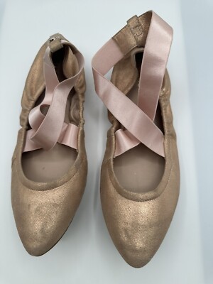 Taryn Rose Edina Powder Metallic Rose Gold Leather Strappy Ballet Flat Sz 9