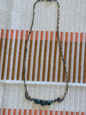 Richard Begay Native Sterling Silver Turquoise Feathers Chain Link Necklace