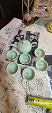 Vintage Glossy Green Ceramic Koi Fish Mini Tea Set Teapot Lid 6 Cups 7 oz