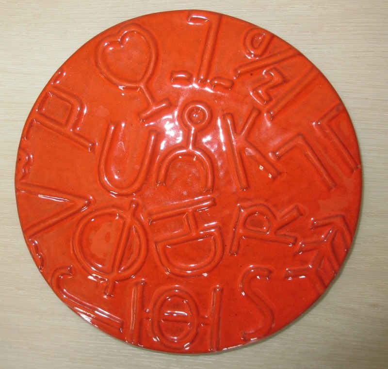 Vintage Frankoma Pottery Orange Cattlebrands Round Hot Plate Trivet Rancher