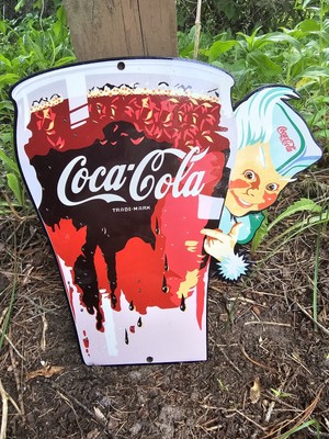 VINTAGE HEAVY COCA-COLA SPRITE BOY PORCELAIN SODA  GAS STATION SIGN  12 X 11