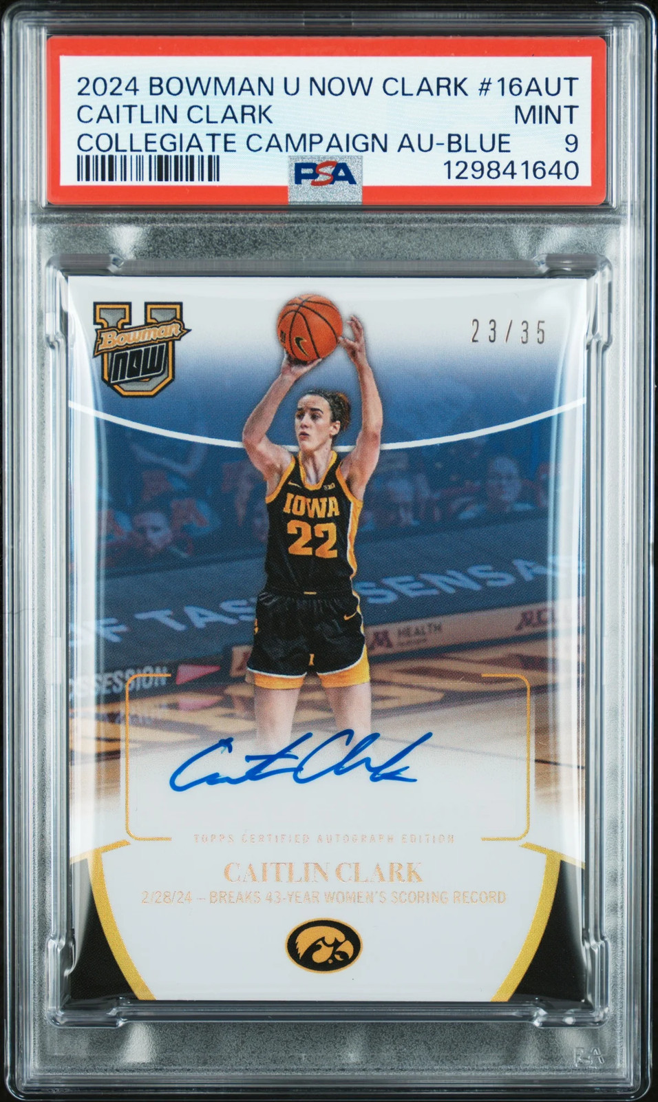2024 Bowman U Now Caitlin Clark Campaign Auto #16AUT Blue Rookie 23/35 PSA 9