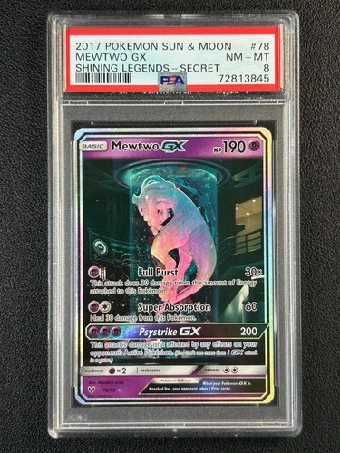 MEWTWO GX PSA 8 2017 POKEMON SUN & MOON SHINING LEGENDS #78/73 SECRET RARE 3845