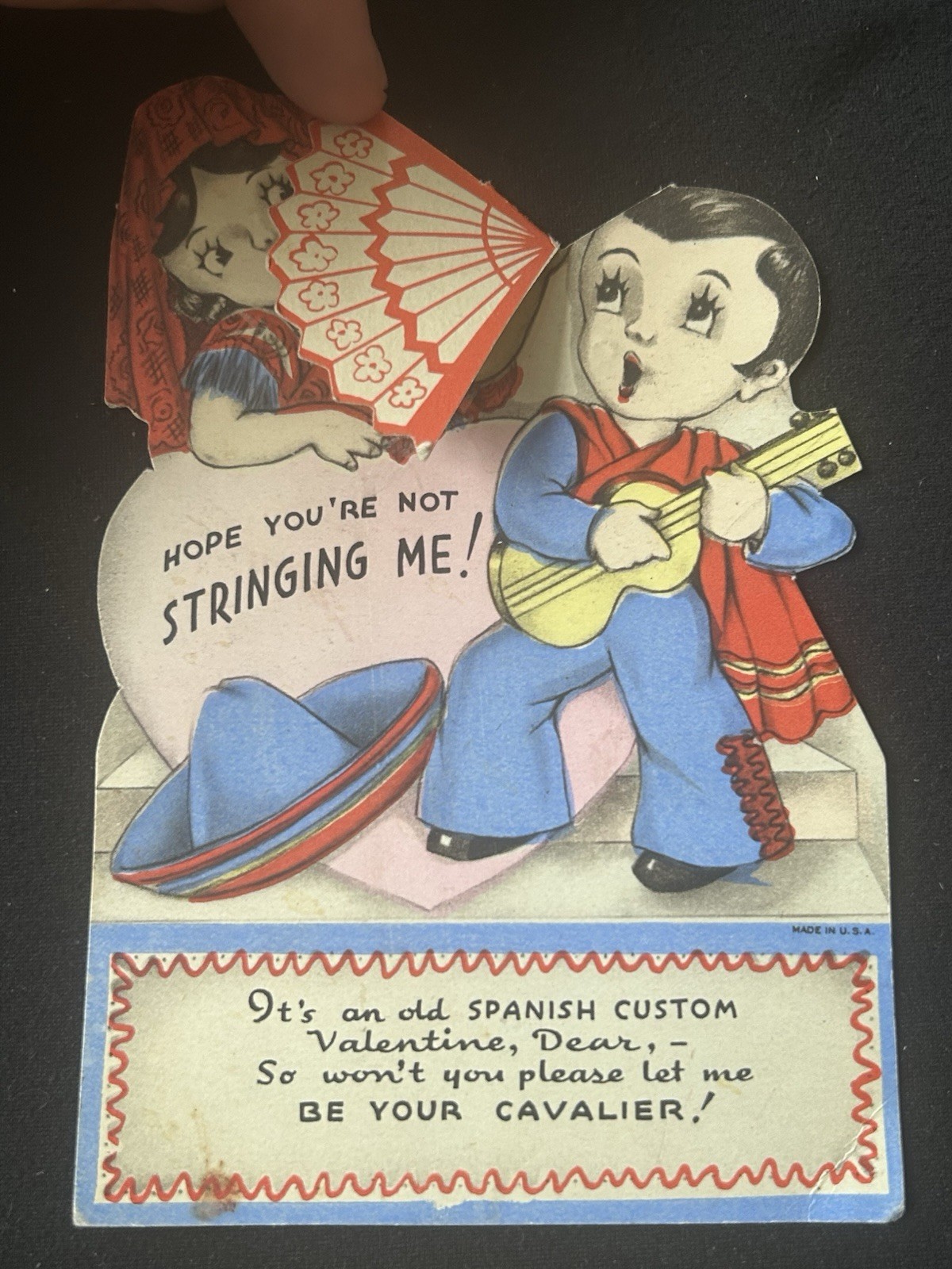 Vintage Mechanical Valentine Card Spanish Custom Girl Fan Boy Guitar Cavalier