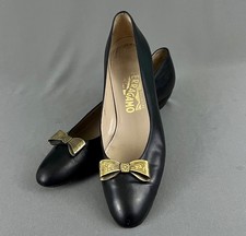 Vtg Salvatore Ferragamo Womens Matita Pumps 9.5 AA Black Leather Metallic Bow