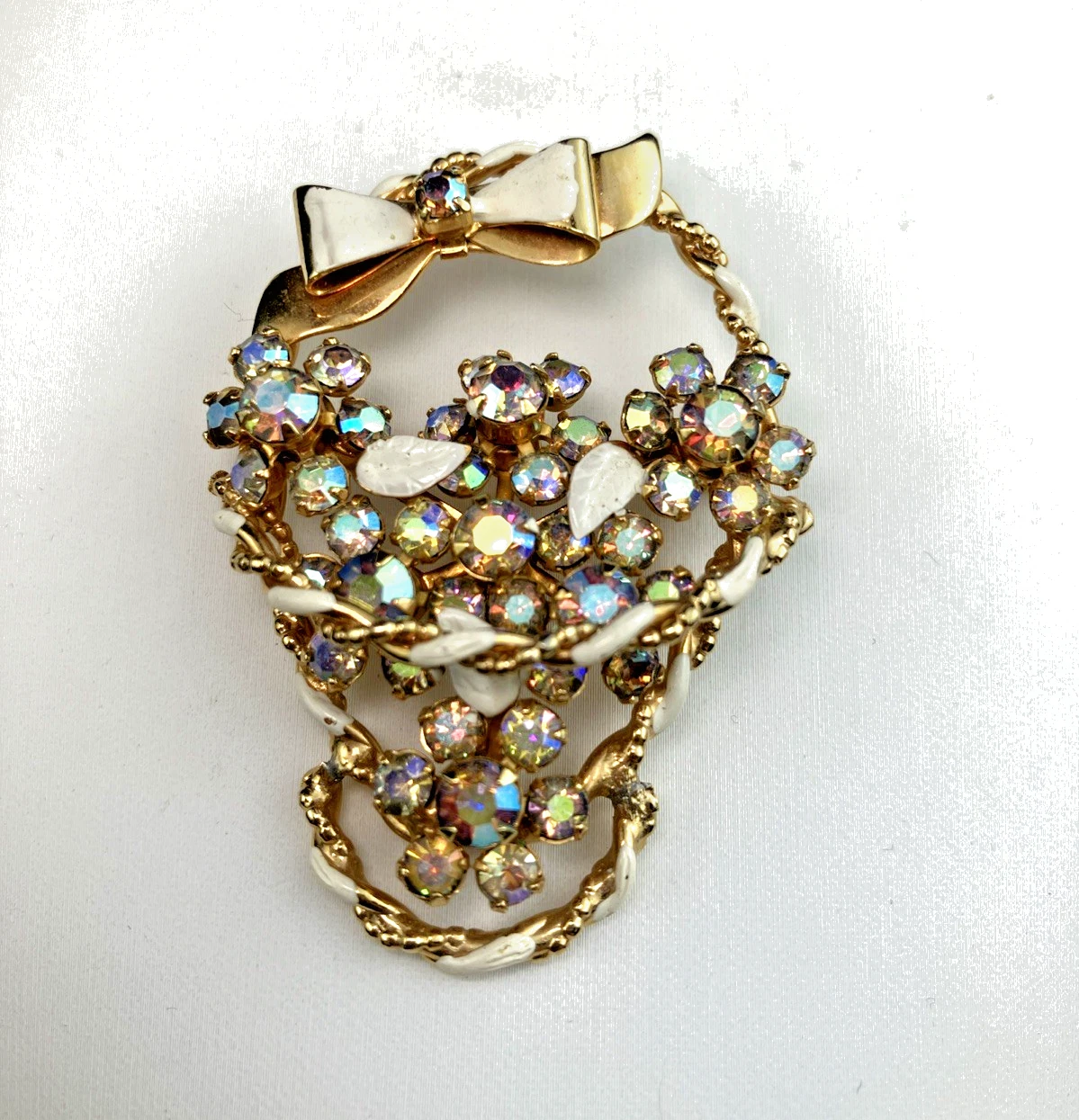 Vintage 50s Basket Brooch Pin Aurora Borealis Enamel