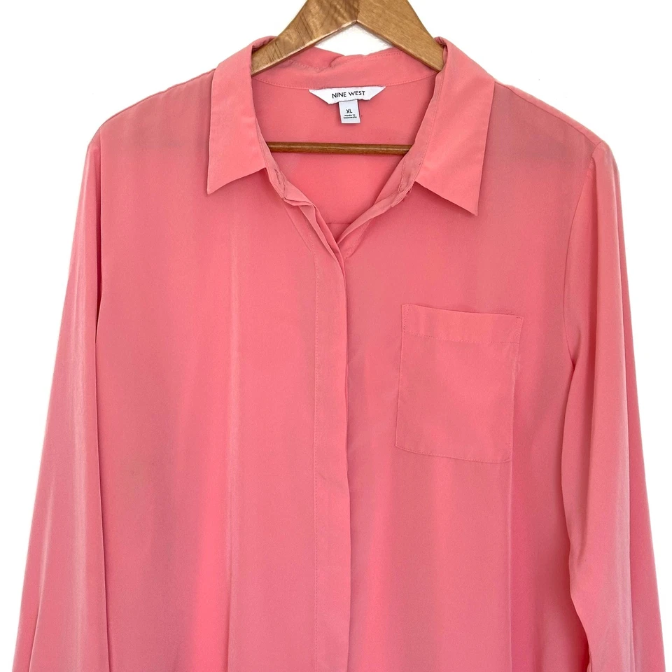 Nine West Shirt Women's XL Coral Pink Long Sleeve Button Up Pocket Collar Top - Image 3 of 4