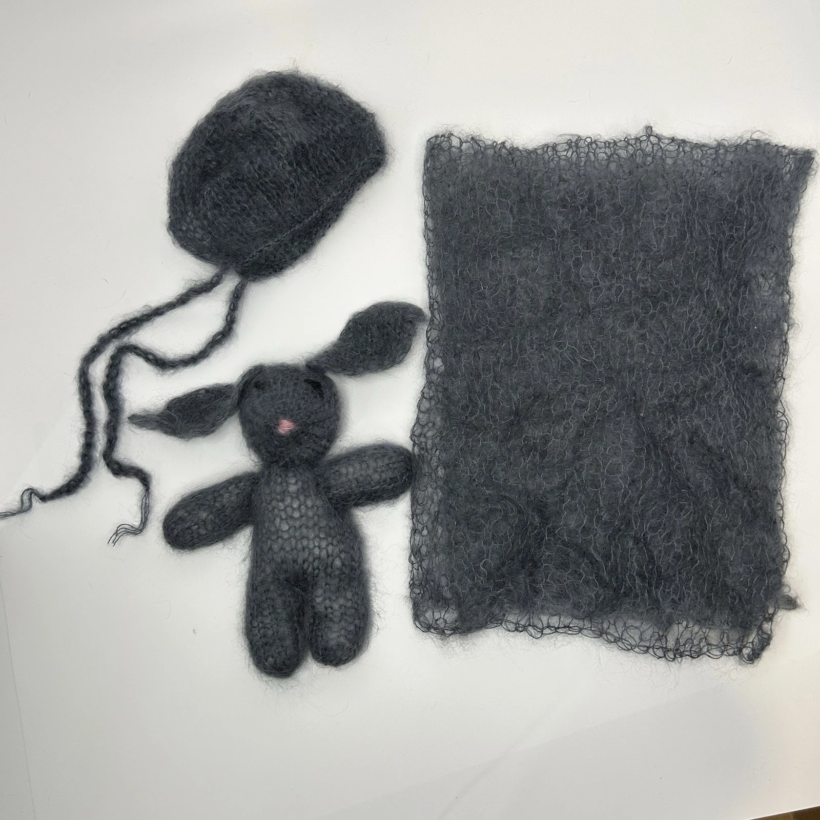 Newborn Knitted Mohair Bonnet, Wrap, and Bunny Lovey Newborn Photography Prop
Opens in a new window