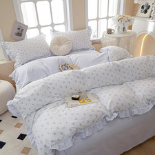 Blue Floral Duvet Cover Twin 100 Cotton with Ruffle, Teen Girls Flower Comforte