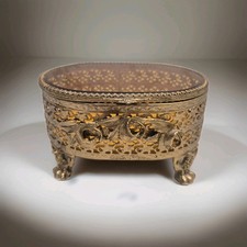 Oval Filigree Bevel Glass Trinket/Jewelry Box Gold Tone Footed 6x4.5x3  Vintage.