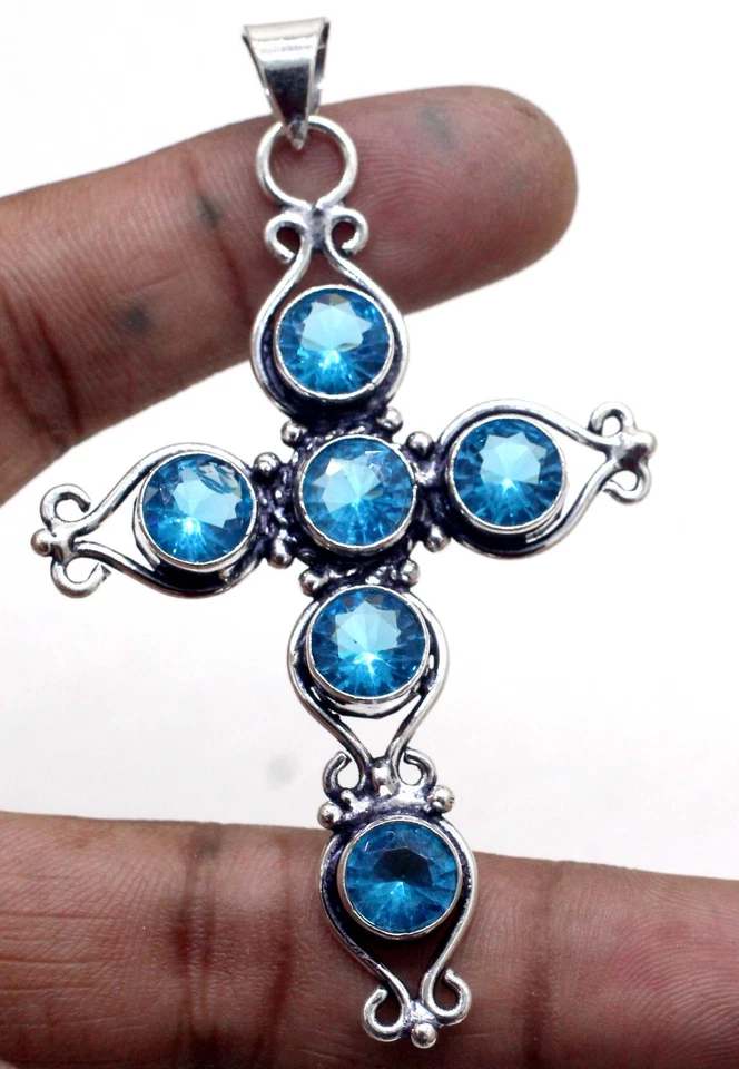 925 Sterling Silver Swiss Blue Topaz Gemstone jewelry Handmade Cross Pendant - Image 2 of 2