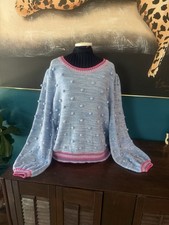 Lilly Pulitzer Kippa Sweater Medium Blue Long Balloon Sleeve Bauble Pom Pom