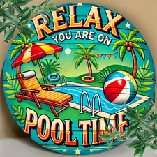 [Tropical Wall Sign] Vibrant 7.8 Inch Round Aluminum Wall Sign | Tropical Pool S