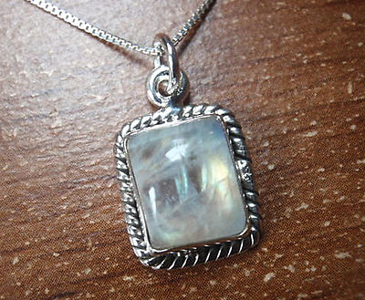 Moonstone Rectangle with Rope Style Accents 925 Sterling Silver Pendant h113b