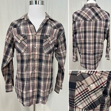 Men's Plains Western Wear Large Plaid Red Navy Gray Pearl Snap Vintage Shirt L