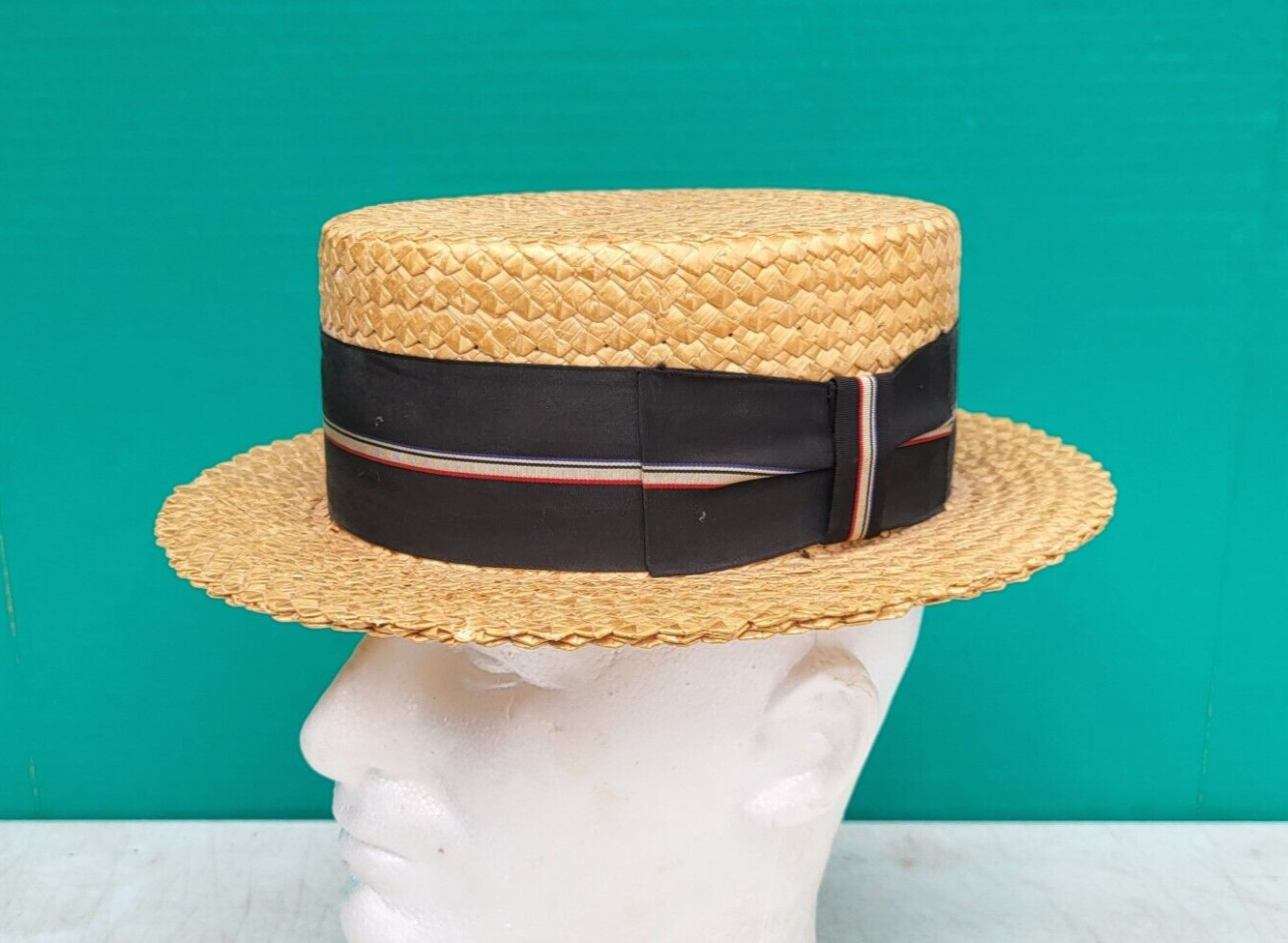 Mens Straw Boater Hat Skimmer 67/8 CHAMP 1920s Gatsb… Gem