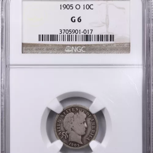 1905-O Barber 10C NGC Certified G6 New Orleans Minted Silver Dime Coin 