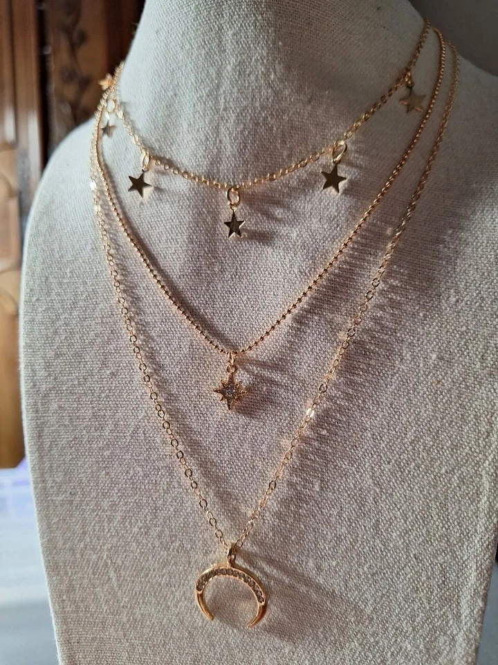 Halskette Multilayer Layer Stern & Mond Halbmond Quaste Himmel Anhänger Gold - Bild 2 von 4