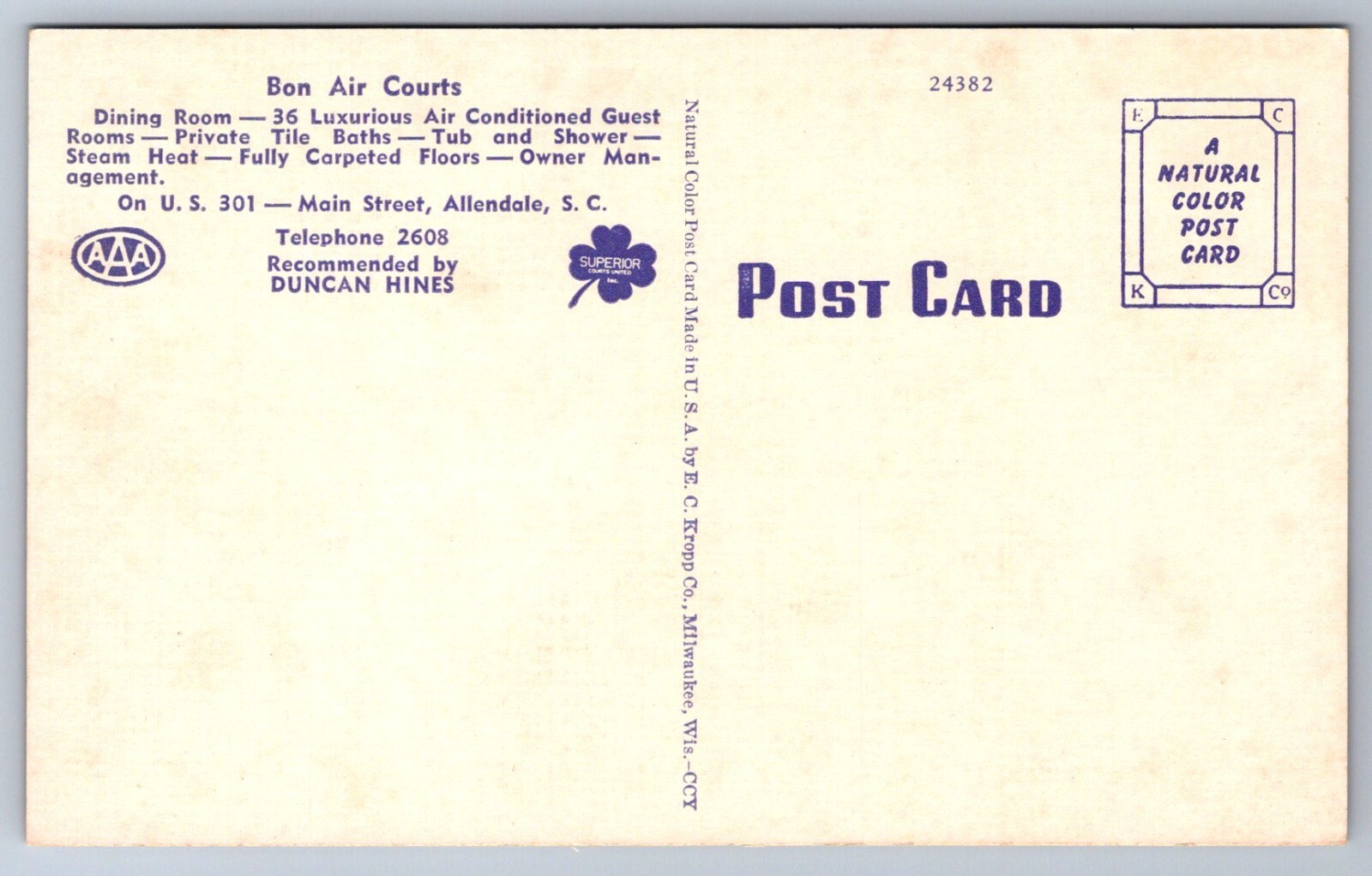 Postcard Allendale SC BonAir Courts and Dining Room eBay