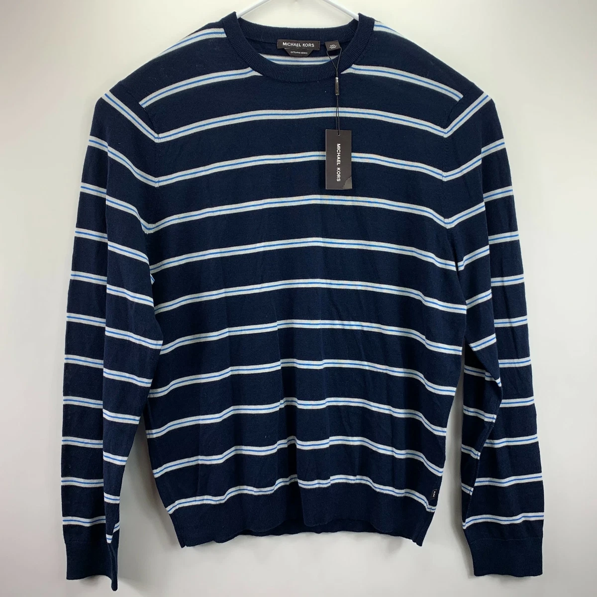 Michael Kors Mens Extra Fine Merino Wool Striped Crewneck Sweater Navy Blue 2XL