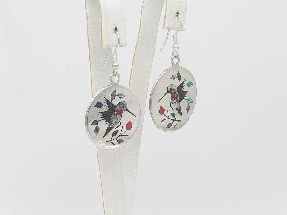 Navajo Handmade Sterling Silver Multi-Stone Dangle Hummingbird Earrings - Image 4 of 4