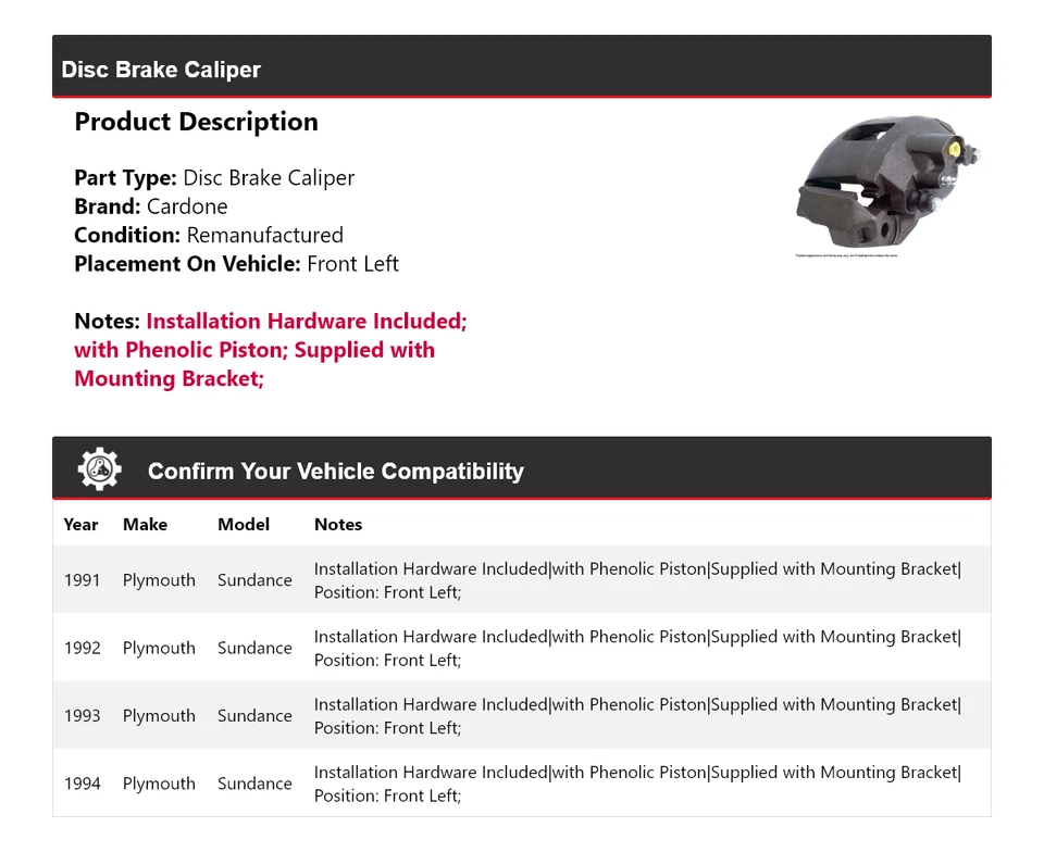 Pinza de freno de disco delantera izquierda Cardone 1992 1993 para Plymouth Sundance 1991-1994 Foto 2 de 4