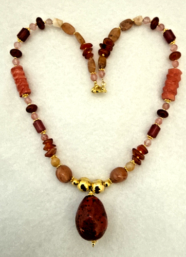 Gold Carnelian Agate Cherry Quartz ~ Ceramic Center ~ 22" Beaded Necklace - Picture 9 of 9