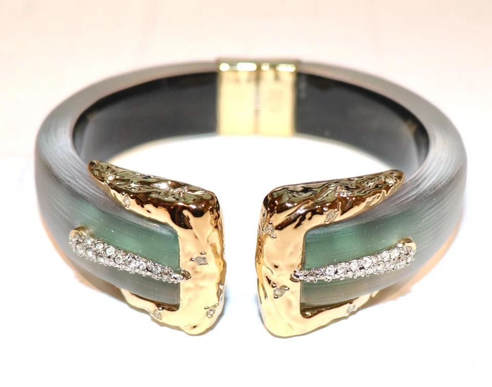 ALEXIS BITTAR GREEN LUCITE CRUMPLED GOLD  CRYSTAL BUCKEL HINGED CUFF BRACELET
