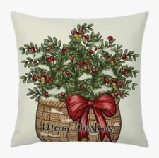 GARLAND TREE BASKET Linen Christmas Throw Pillow Cover Winter Holiday Home Decor