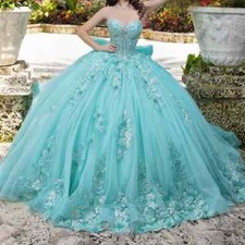 Mint Green Shiny Sweet 16 Quinceanera Dresses Applique Beads Bow Tull Corset 