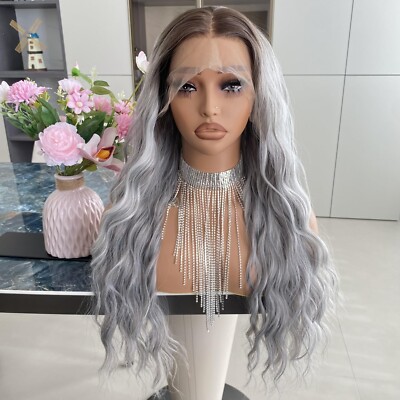 22'' Silver Gray Wavy Wig Platinum Silver 13x4 Lace Front Wigs Ombre Dark Root