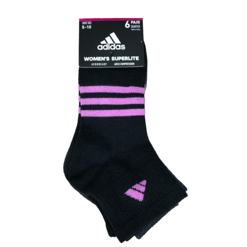 Adidas Superlite Quarter Socks 6 Pack Women's Shoe Size 5-10 Black Pink Blue