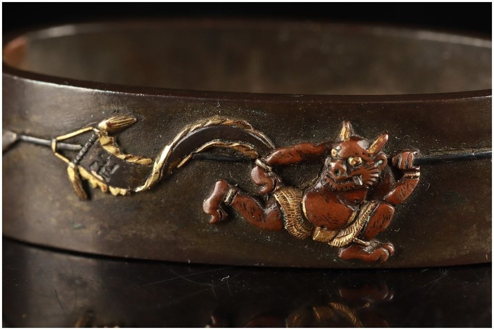 Edo period Japan antique iron Demon Oni Fuchi Kashira signed by Iwamoto