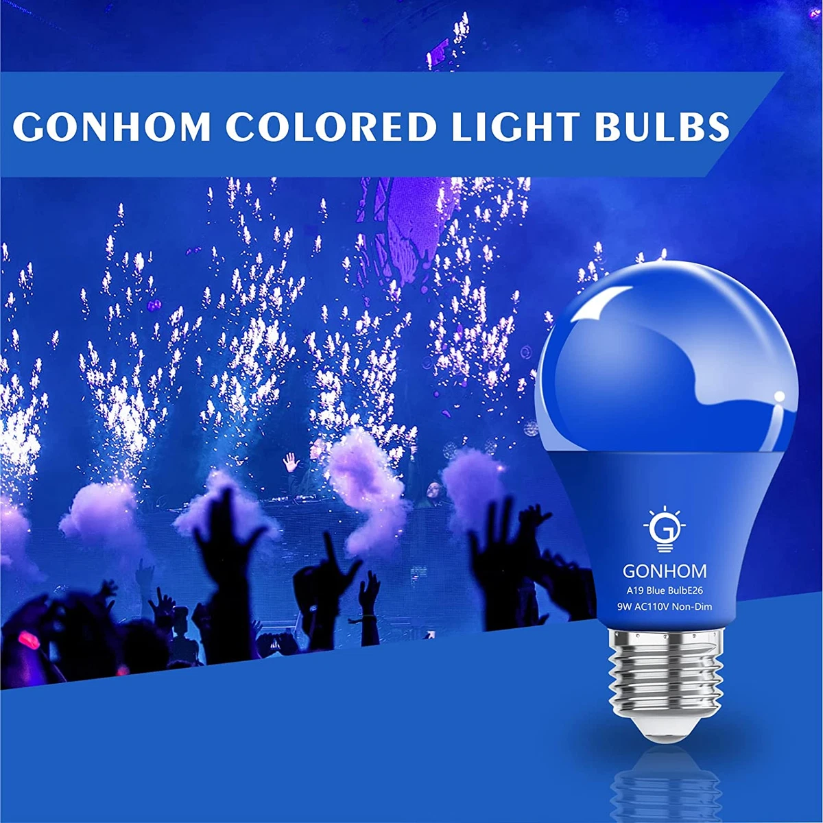Gonhom 2 Pack A19 LED Blue Light Bulb 9 Watt Blue Lights Equivalent 100 Watt Col