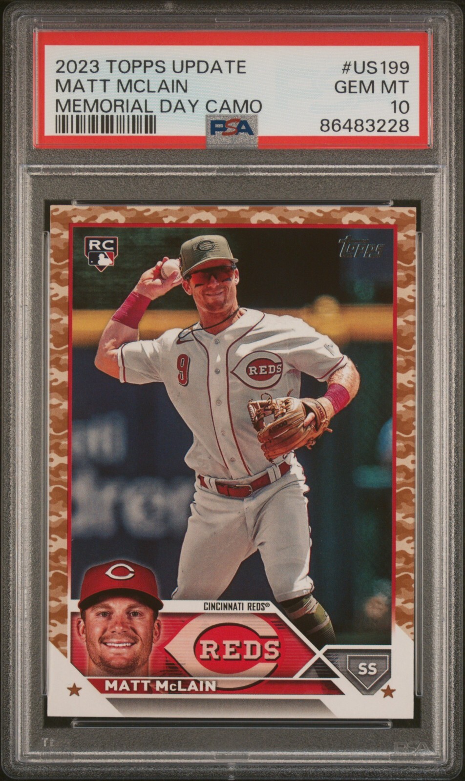 Matt McLain RC 2023 Topps Update /25 Memorial Day Camo #US199 PSA 10 Gem Mint
