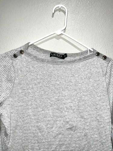 Lauren Ralph Lauren White Gray Stripe 3/4 Sleeve Top Women Size Large - Picture 2 of 7