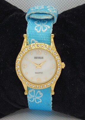 Ladies Benrus Trendy Round Gold Tone Paved Bezel Blue Nylon Band Analog Watch I8