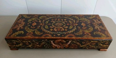 Painted Wood Box Black & Gold Oriental Tortoise Shell Style Keepsake Chest 24''L
