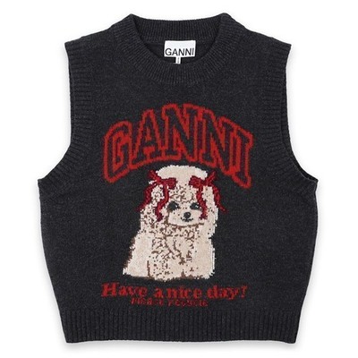 Ganni Damen Welpen Grafik Wolle Strick Weste (schwarz sand) A1070044 150776012 [U]