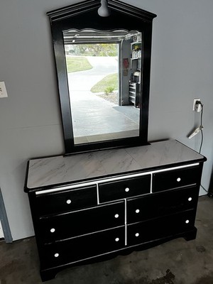 Black Wood Dresser with Marble-Style Top, Mirror, 7 Drawers | eBay