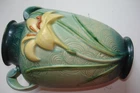 Roseville Pottery Zephyr Lily Green & Rust Vase  "134-8" Vintage 1940s CHIPPED