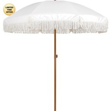 7ft Patio Umbrella with Fringe Cream White Polyester Sun Shade Tilt Tassel