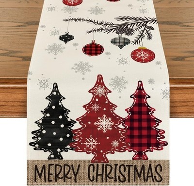 Red Pine Trees Merry Christmas Table Runner, Winter Xmas Holiday Kitchen Dining.