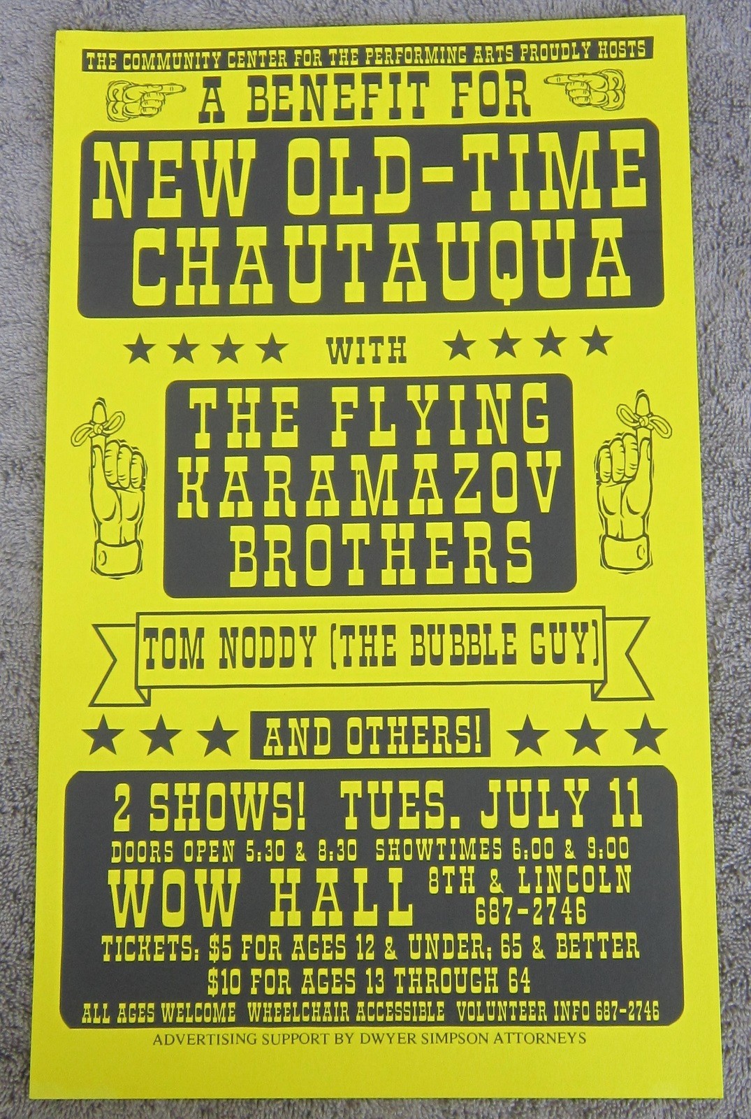 Original FLYING KARAMAZOV BROTHERS POSTER Gig Flyer EUGENE, OR 1995 Chautauqua