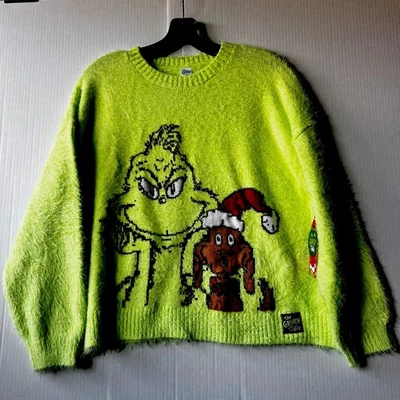 The Grinch Justice Girl Neon Fuzzy Sweater All Over Grinch XL Plus Dr Seuss - Image 1 of 4