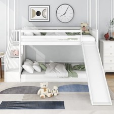 3FT Wooden Bunk Beds Kids High Sleeper w/ Slide and Ladder Loft Cabin Bed White