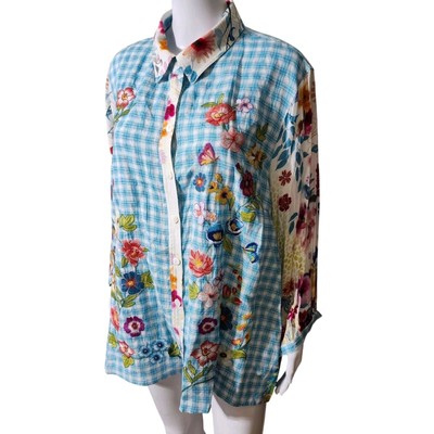 New John Mark Women's L Embroidered Tunic Top 3/4 Sleeve Blouse Top Bohemian NWT