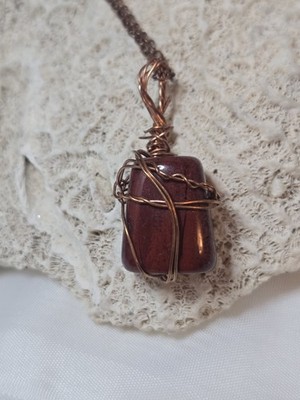 Copper Wire Wrapped Red Jasper Pendant 22 Inch Chain Handmade Natural Stone