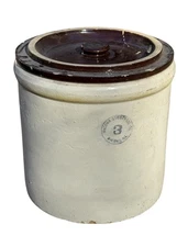 Macomb Stoneware Co. 3 Gal Crock w/ Brown Lid – Illinois – Cracks & Chips 