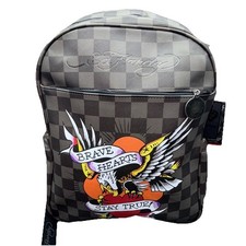 Mochila Ed Hardy a Cuadros Marrón Corazones Valientes Permanecer Cuero Verdadero Nueva con Etiquetas
